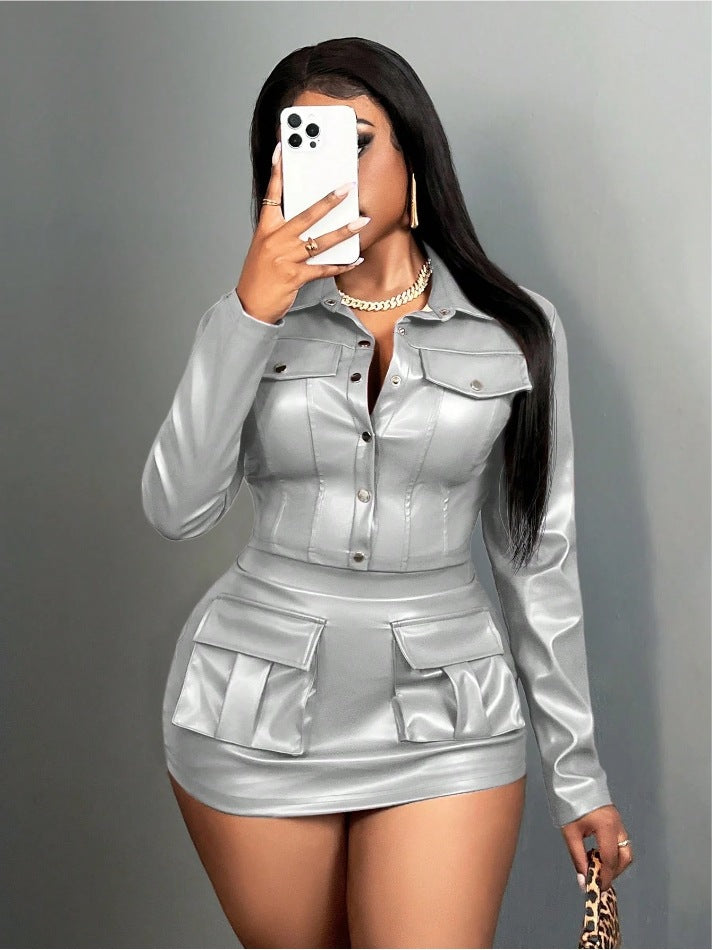 Damen Kunstleder Minikleid mit praktischen Klappentaschen Drune