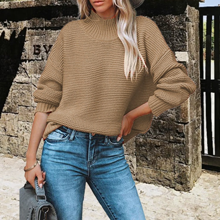 Damen Grobstrickpullover mit hohem Kragen und Ballonärmeln Drune