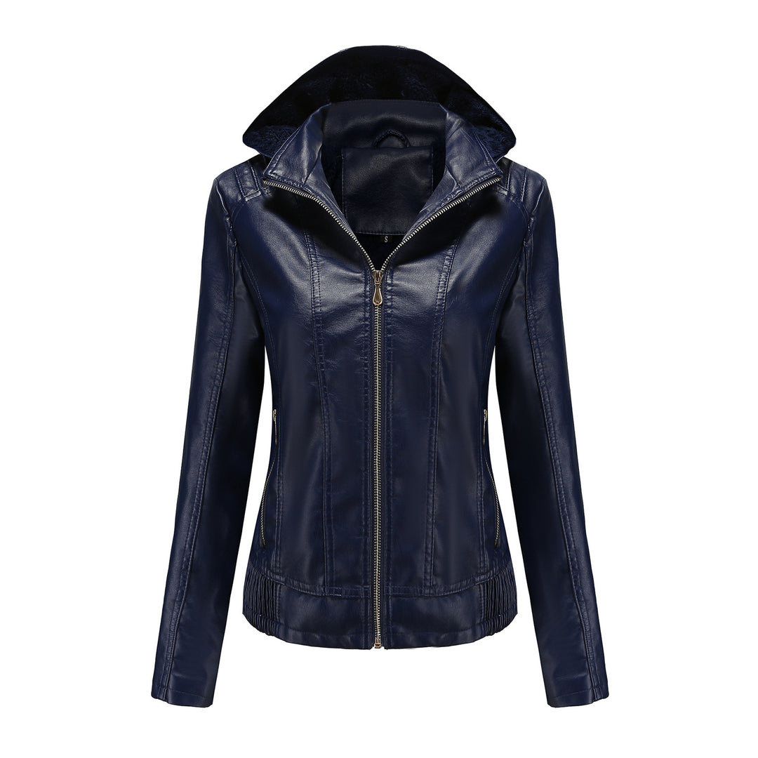 Damen stilvolle Kunstlederjacke mit hochabschließendem Kragen und elastischen Bündchen Drune