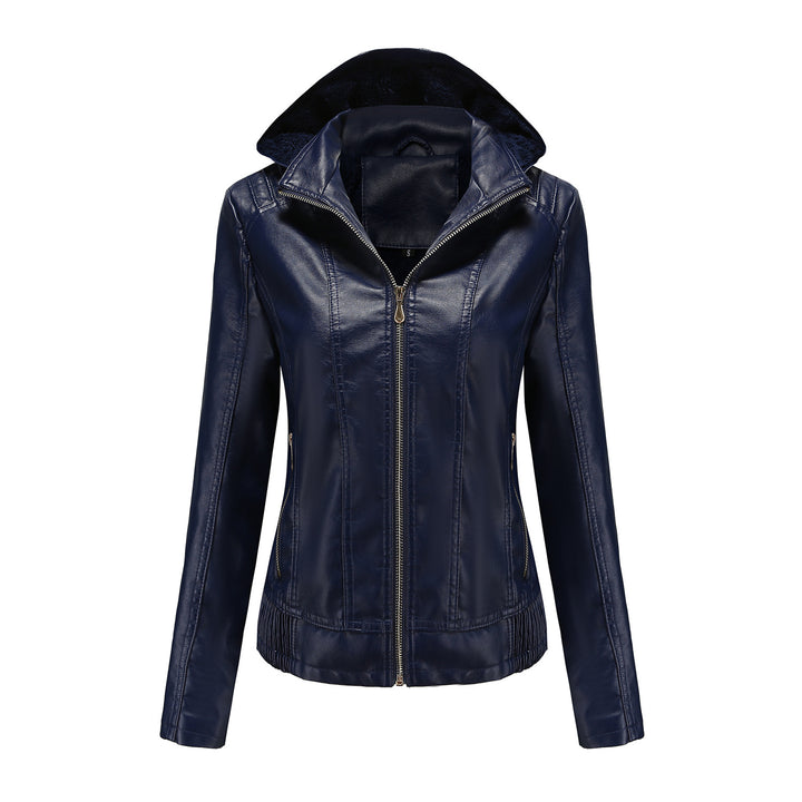 Damen stilvolle Kunstlederjacke mit hochabschließendem Kragen und elastischen Bündchen Drune