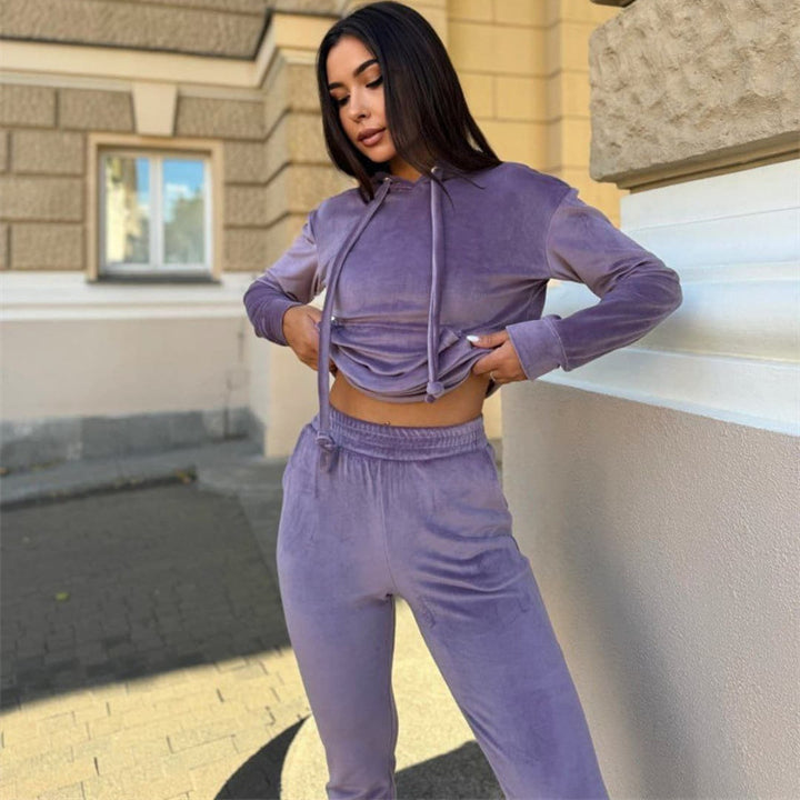 Damen elegantes Velours-Loungewear-Set mit Kapuze und elastischen Bündchen Drune