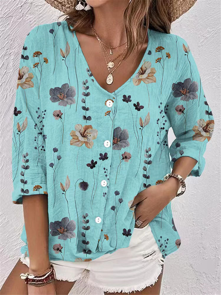 Damen Bluse mit floralem Druck und modernem Knopfdesign Drune