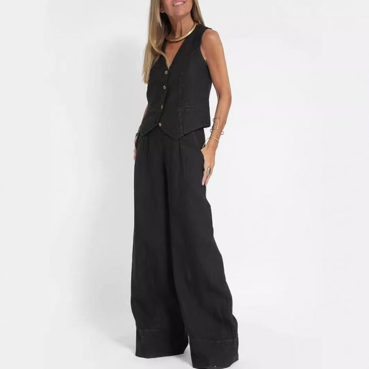 Damen elegantes Leinen-Weste mit Knopfdetaillierung Drune