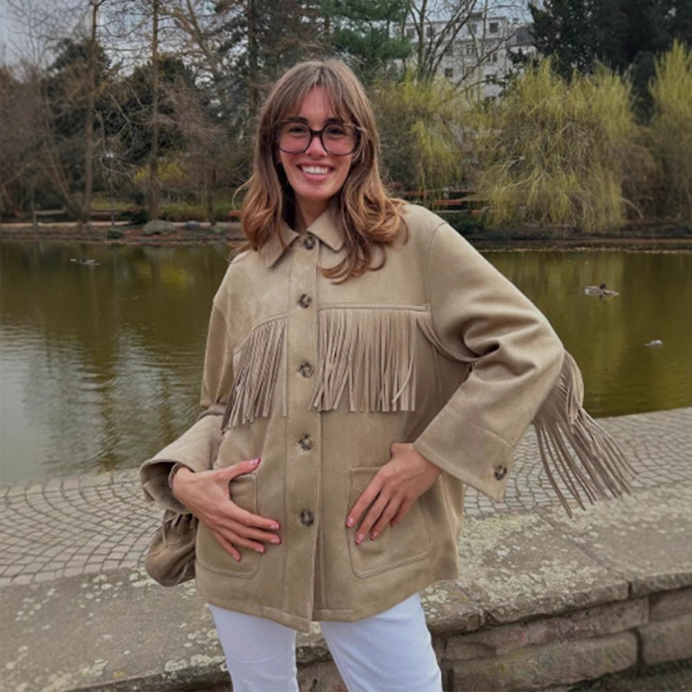 Damen geschmackvolle Kunstlederjacke mit Fransen Drune