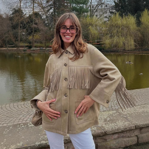 Damen geschmackvolle Kunstlederjacke mit Fransen Drune