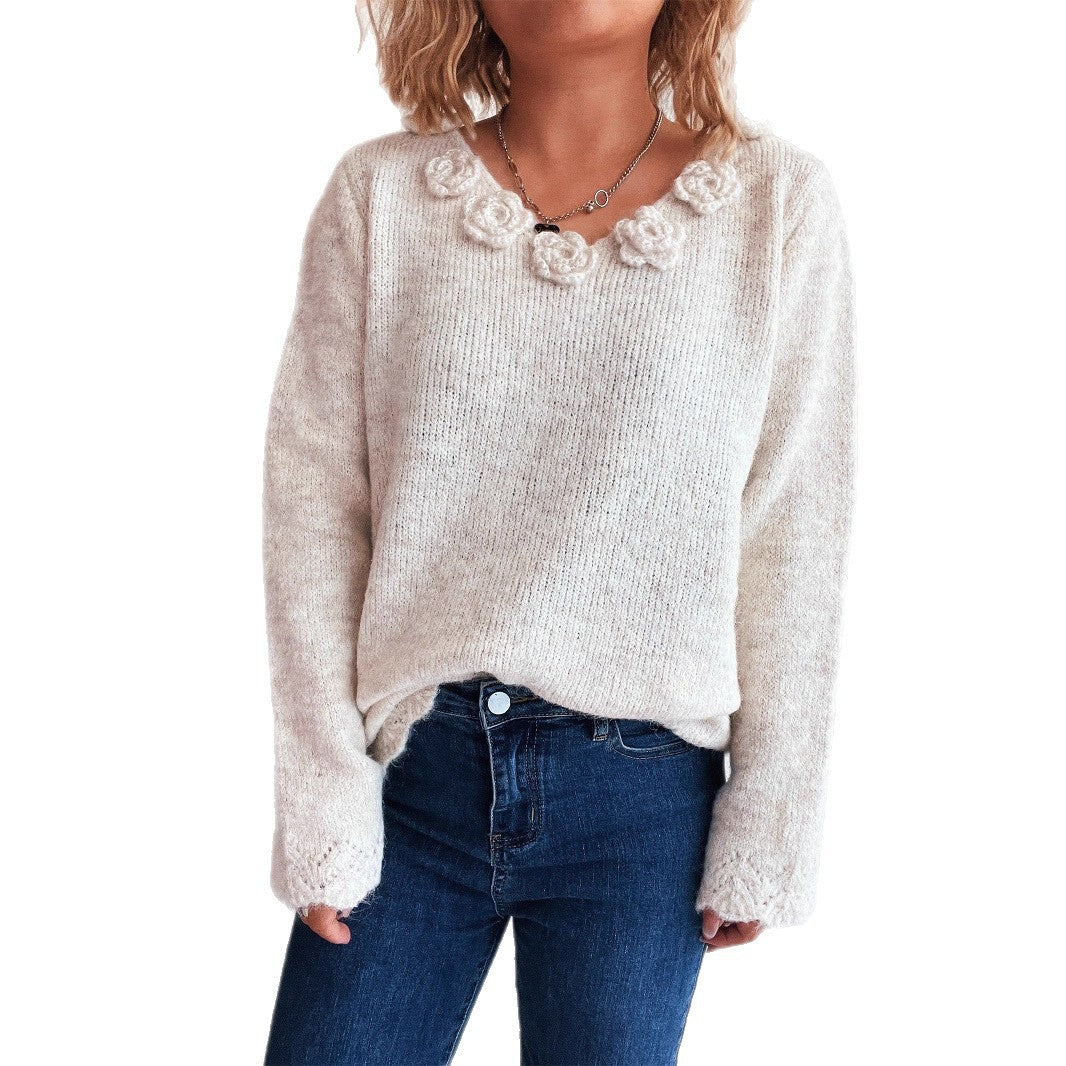 Damen Pullover mit romantischen Rosenapplikationen und weitem Schnitt Drune