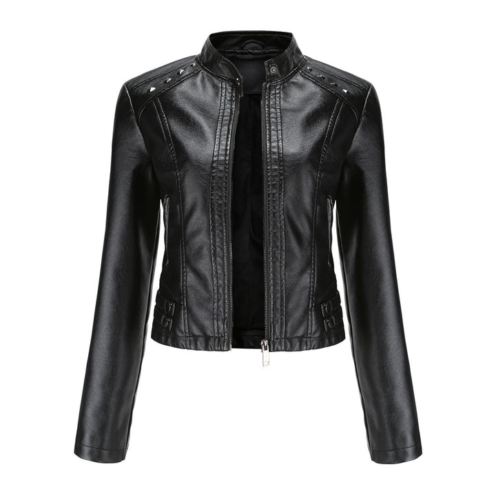 Damen nan kurze taillierte Kunstlederjacke mit Nietenbesatz und Stehkragen Drune