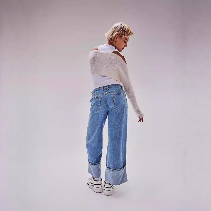 Damen Weite Jeans mit umgeschlagenem Saum