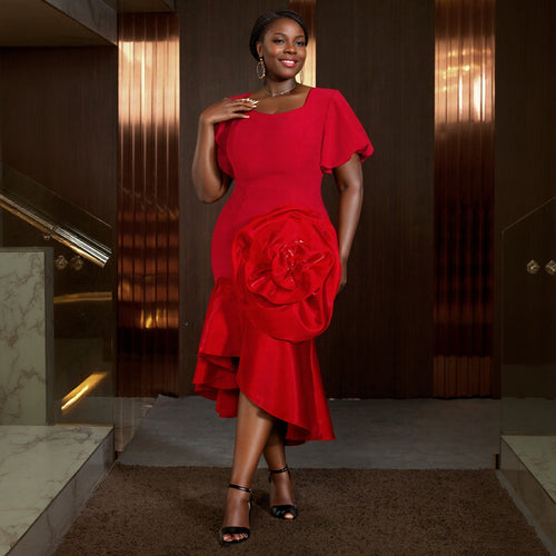 Damen Anlasskleid mit voluminösem Blütenarrangement und schwingendem Saum Drune