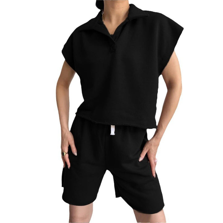 Damen lässiger Freizeitanzug mit hochgeschlossenem Kragen und elastischen Shorts Drune
