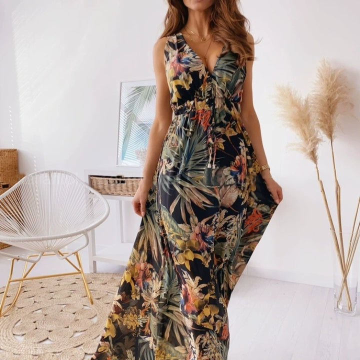 Damen Maxikleid mit floralen Mustern und tailliertem Oberteil Drune