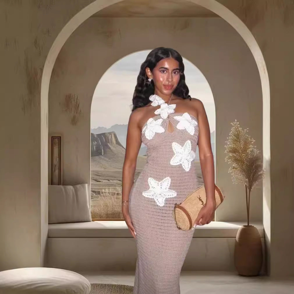 Damen Elegantes Maxikleid mit floralem Häkel-Design Drune