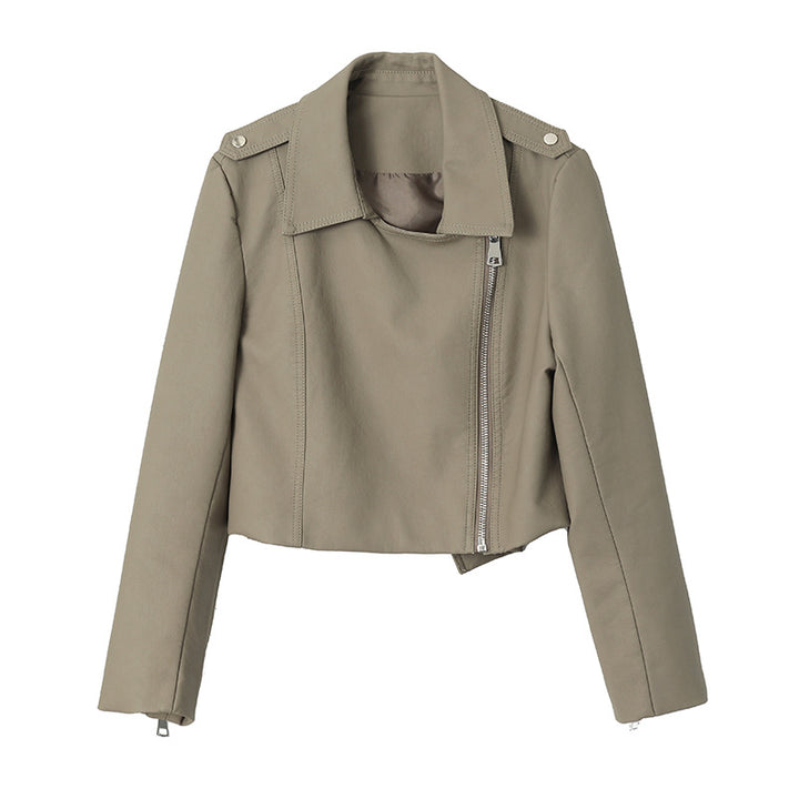 Damen vegane Lederjacke im Biker-Stil mit asymmetrischem Reißverschluss Drune