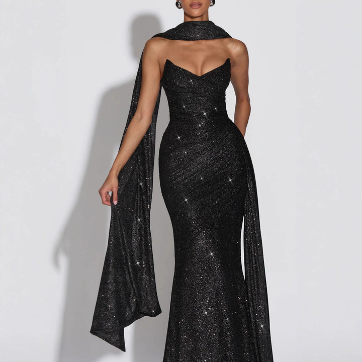 Damen Glamouröses Abendkleid mit tiefem V-Ausschnitt und schimmerndem Überwurf Drune