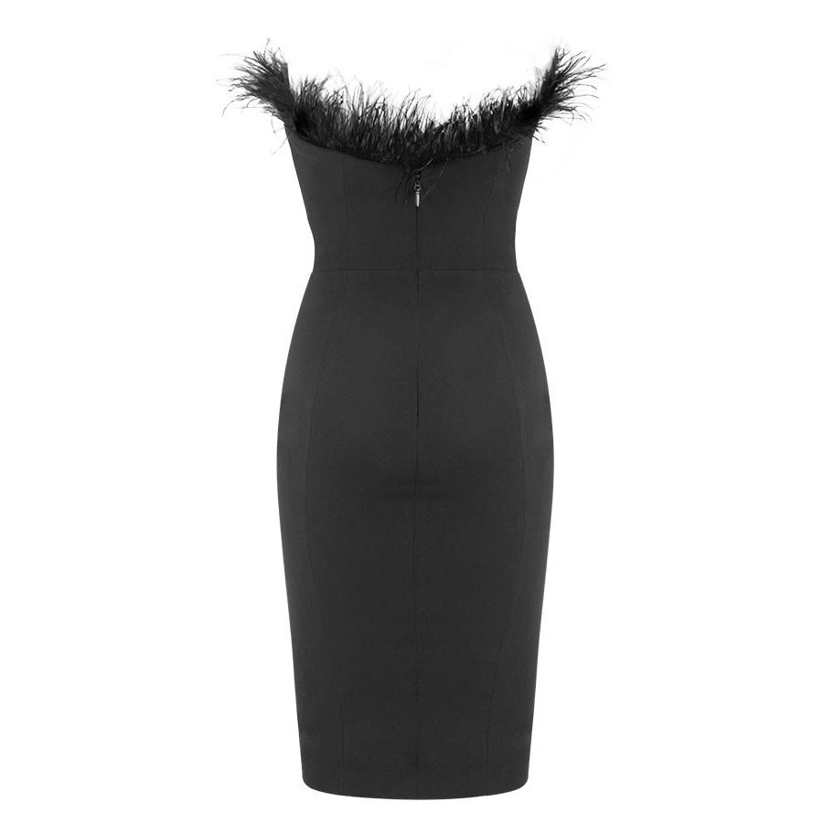 Damen Cocktailkleid mit extravagantem Federn-Ausschnitt und figurbetontem Schnitt Drune