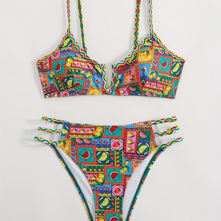 Damen Bikini-Set mit buntem Fruchtmuster und raffinierten Trägerdetails Drune