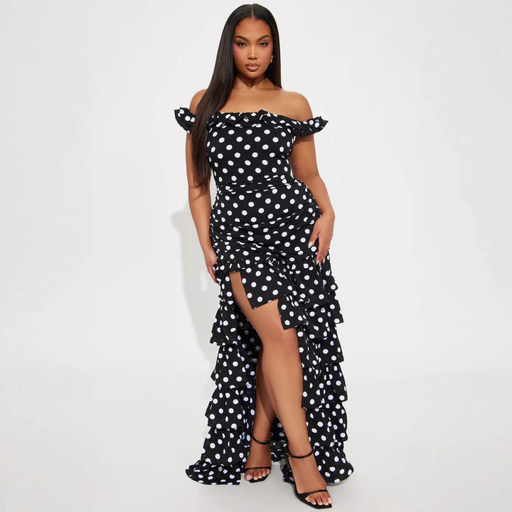 Damen Off-Shoulder Maxikleid mit Rüschen und aufregendem Schlitz Drune