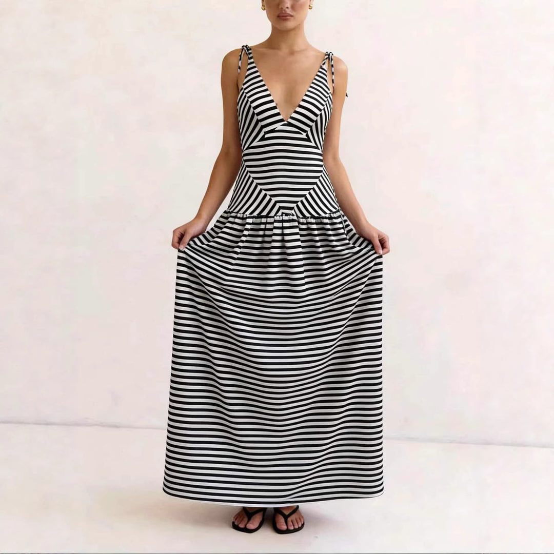 Damen Maxikleid mit tiefem V-Ausschnitt und modernem Streifenmuster Drune