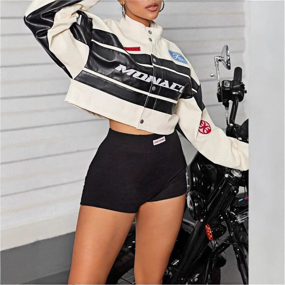 Damen cropped Bikerjacke mit sportiven Branding-Elementen Drune