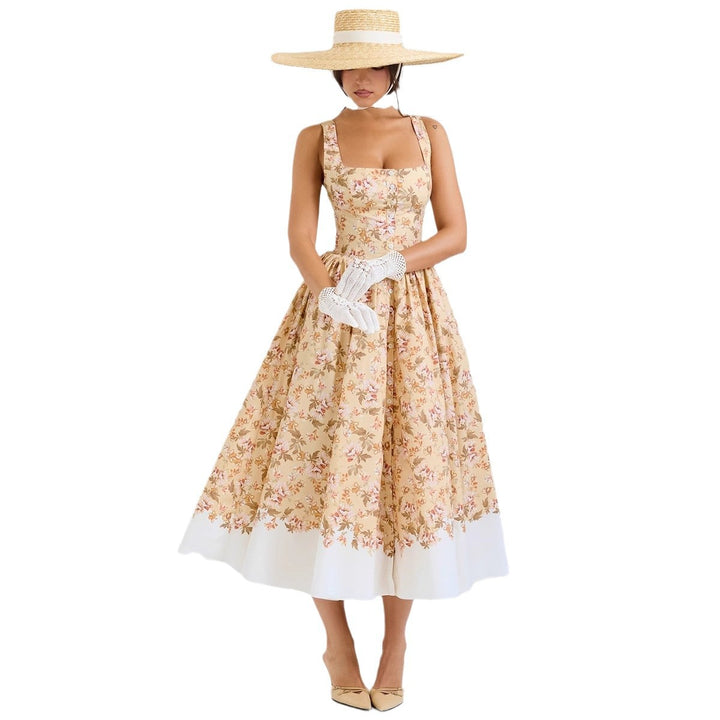 Damen Midi-Kleid mit elegantem floralem Muster und schmalen Trägern Drune
