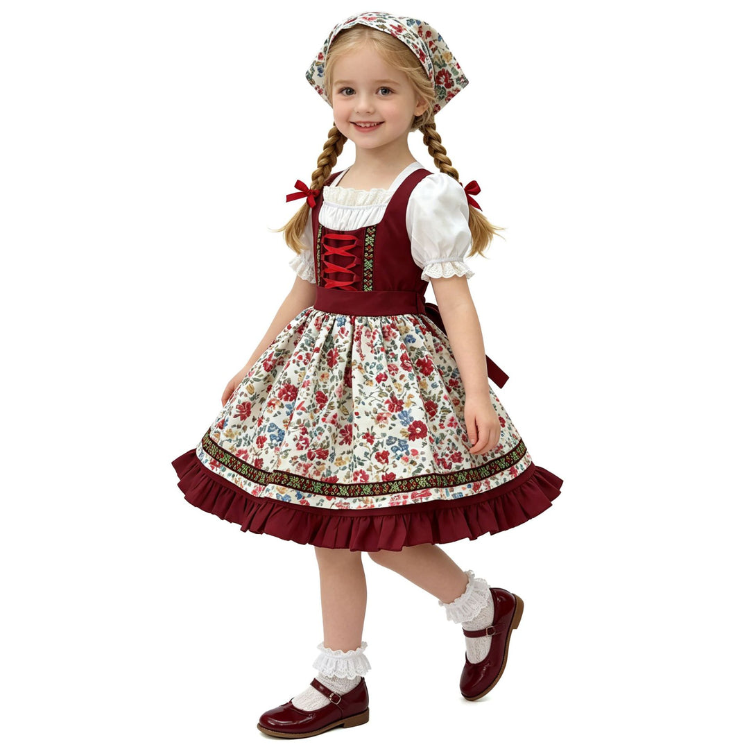 Damen nan traditionelles Kinderdirndl-Set mit bestickter Schürze, Rüschenbluse und Halstuch Drune