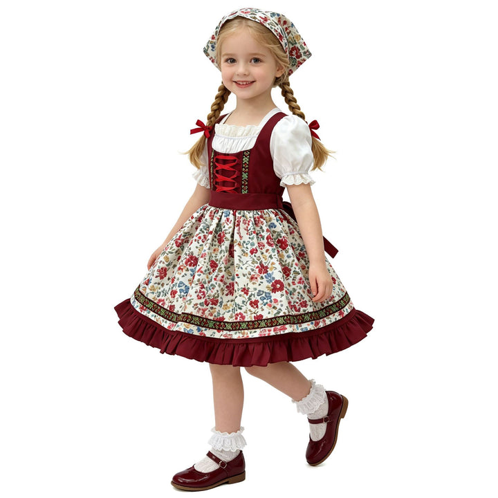 Damen nan traditionelles Kinderdirndl-Set mit bestickter Schürze, Rüschenbluse und Halstuch Drune