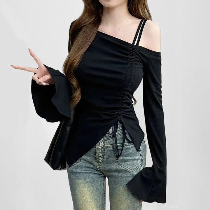 Damen Top mit schulterfreiem Design und raffinierten Rüschenärmeln Drune