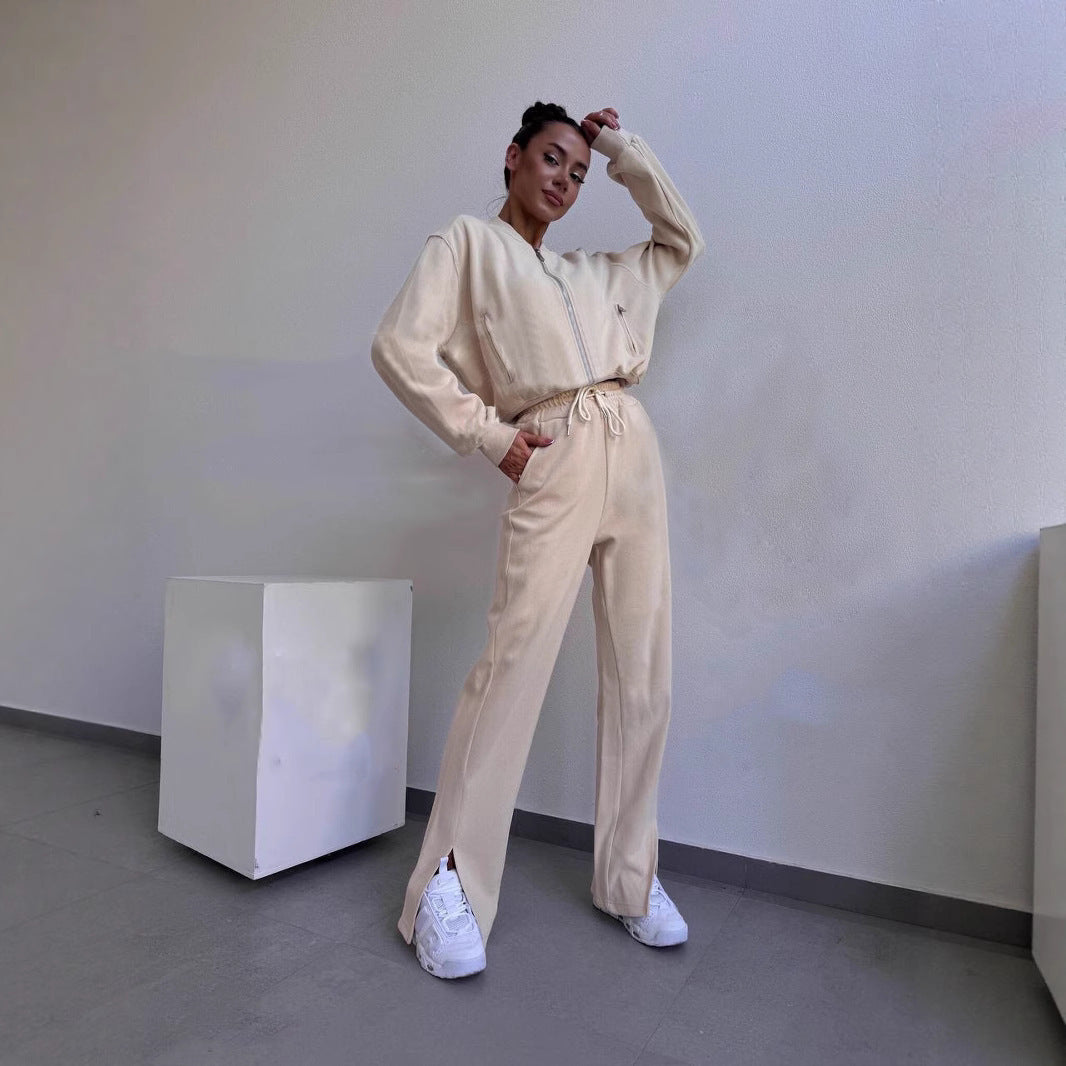 Damen Fleece-Loungewear-Set mit hohem Kragen und Reißverschluss Drune
