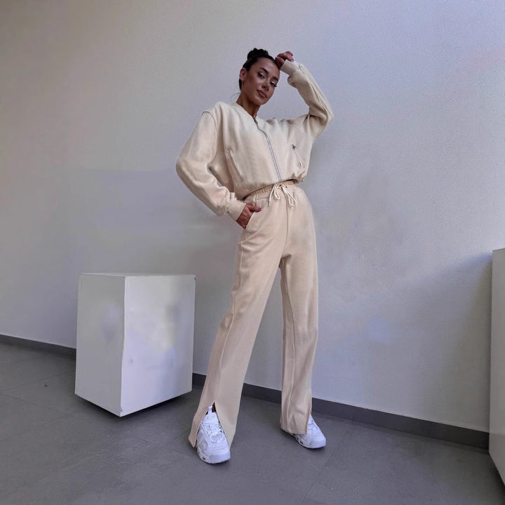 Damen Fleece-Loungewear-Set mit hohem Kragen und Reißverschluss Drune