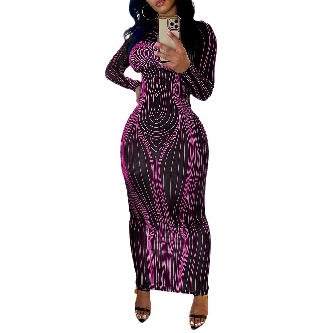 Damen figurbetontes Langarm-Maxikleid mit modernem Grafikdesign Drune