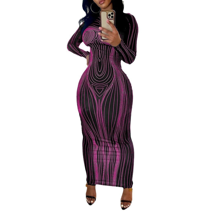Damen figurbetontes Langarm-Maxikleid mit modernem Grafikdesign Drune