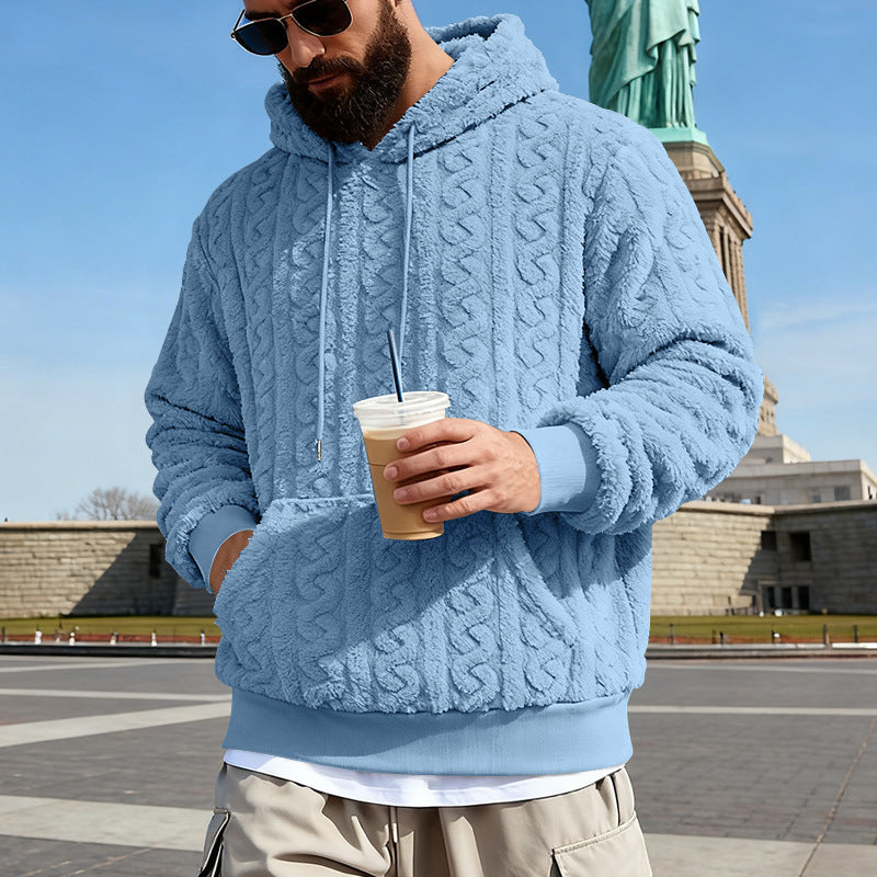 Herren nan Kuscheliger Sherpa-Hoodie mit Zopfmuster, Kängurutasche und Rippbündchen Drune