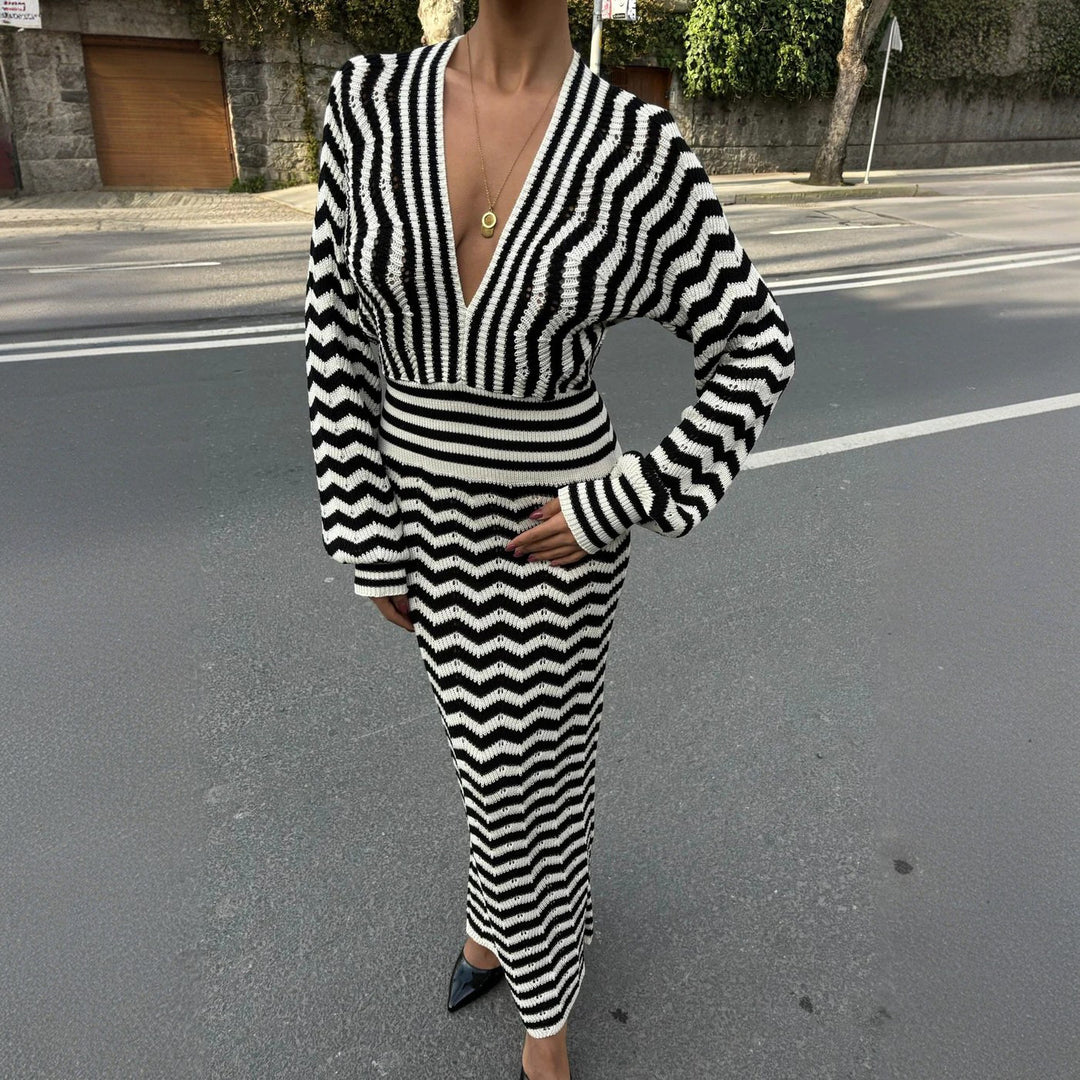 Damen Strickkleid mit tiefem V-Ausschnitt und modernem Zickzack-Muster Drune