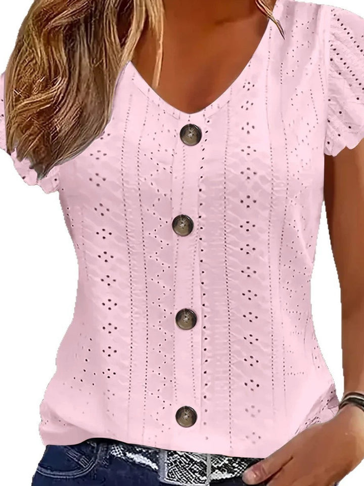 Damen luftige Bluse mit filigranem Lochmuster und Knopfdetails Drune