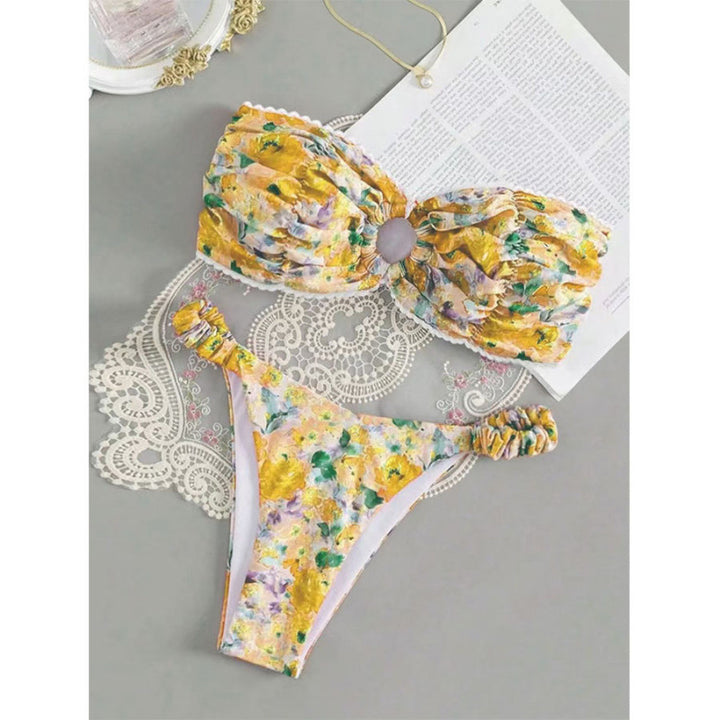 Damen Bandeau-Bikini mit romantischem Rüschendesign und verführerischem Blumenmuster Drune
