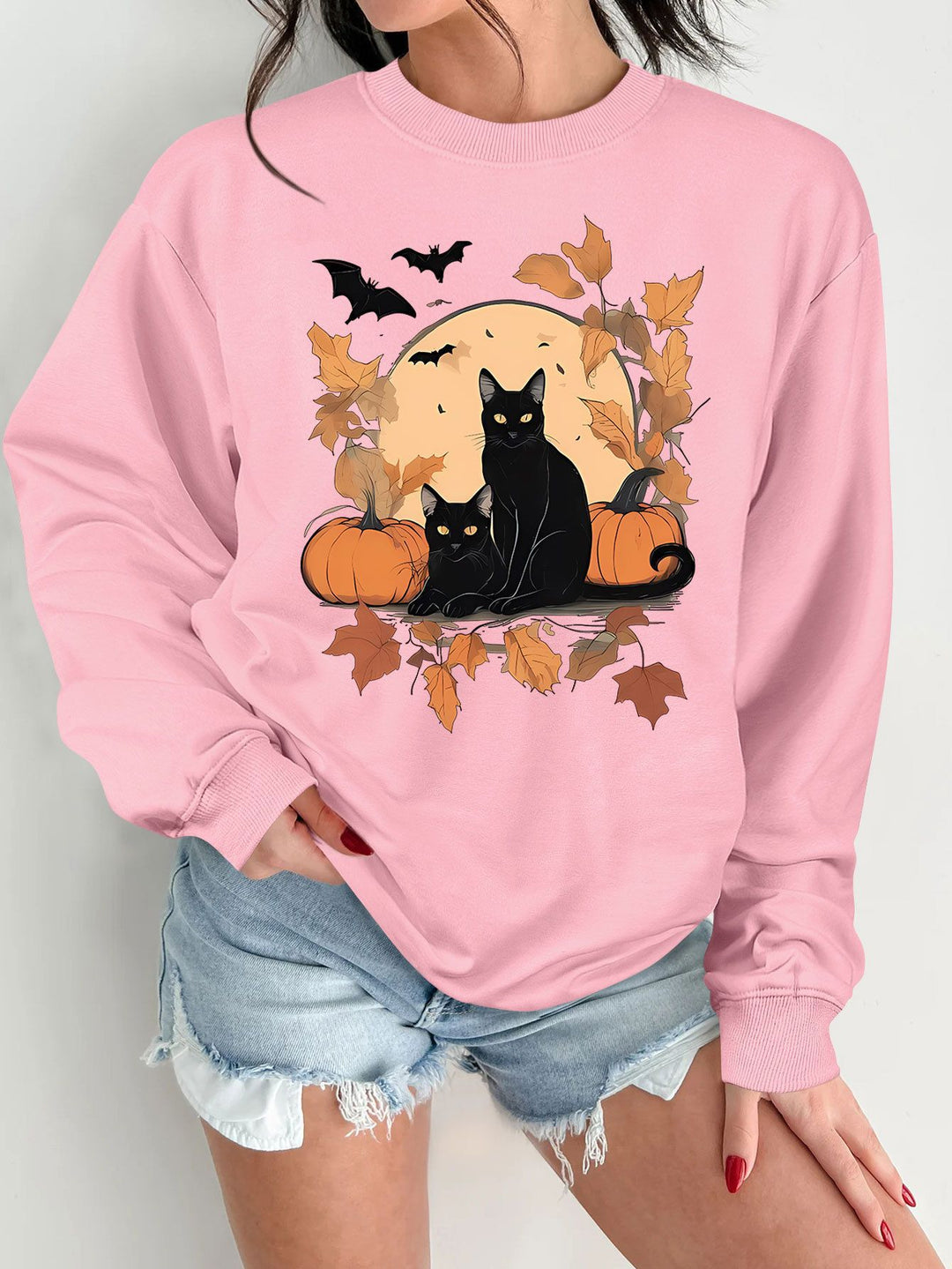 Damen Sweatshirt mit herbstlichem Katzen- und Kürbisdesign Drune