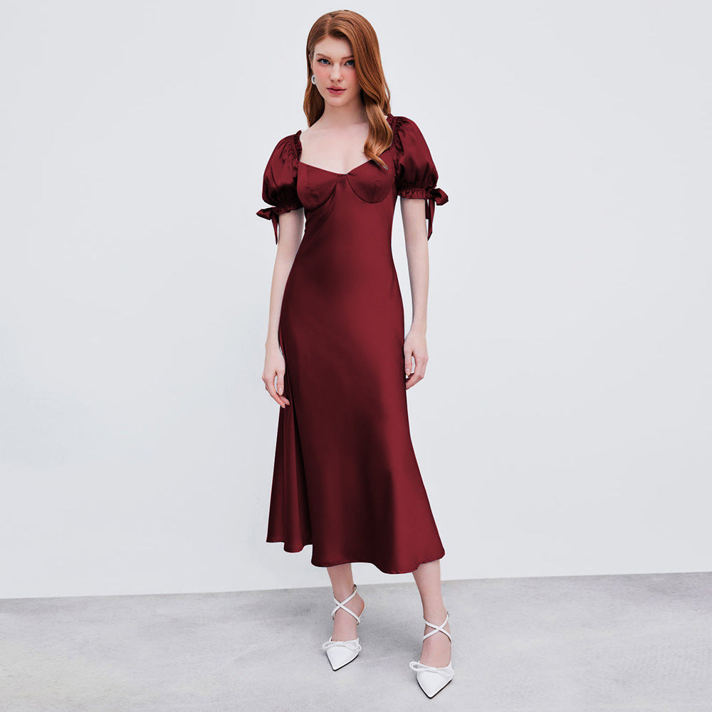 Damen Midi-Kleid mit eleganten Puffärmeln und schickem V-Ausschnitt Drune