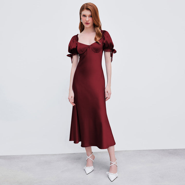 Damen Midi-Kleid mit eleganten Puffärmeln und schickem V-Ausschnitt Drune