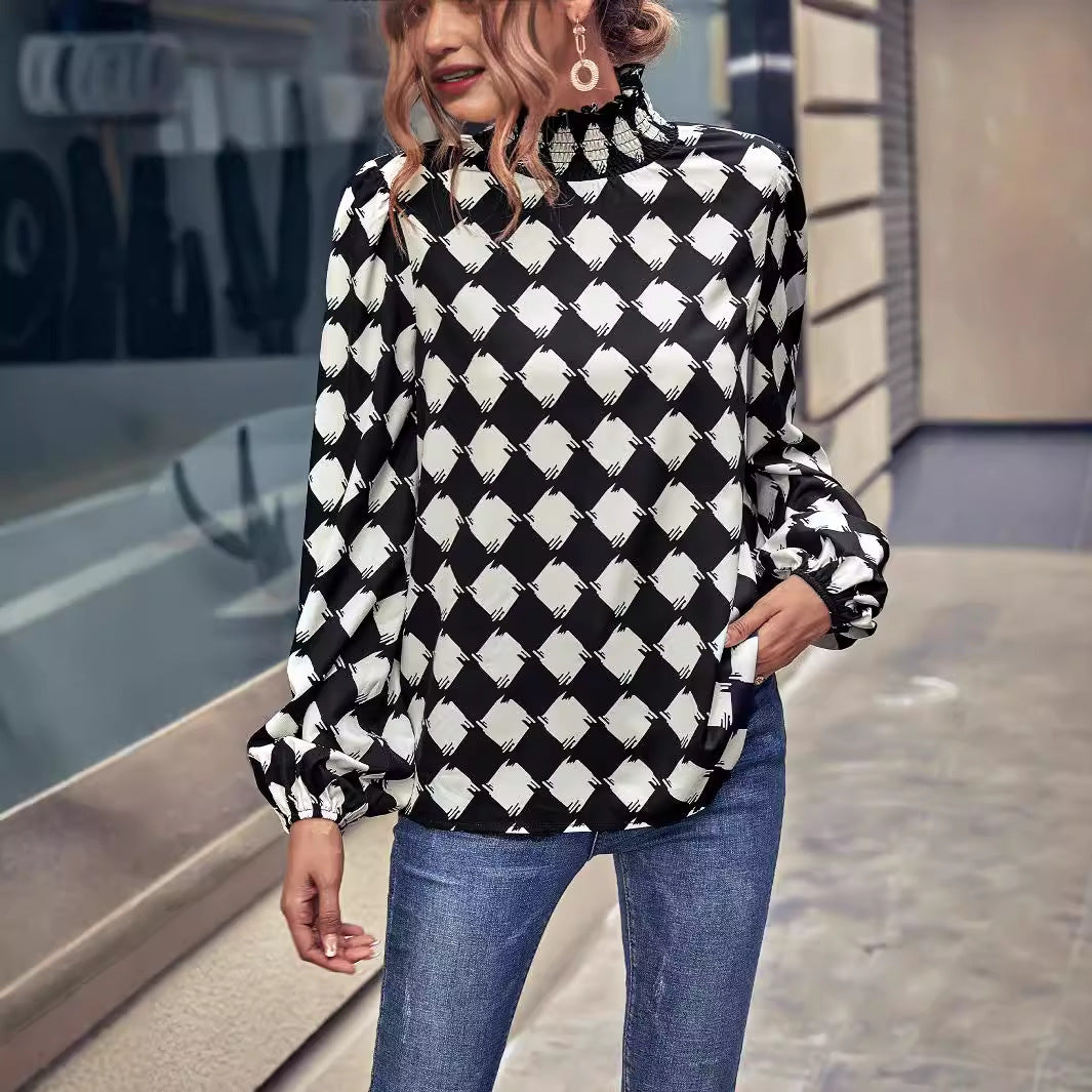 Damen elegante Bluse mit hochgeschlossenem Kragen und grafischem Muster Drune