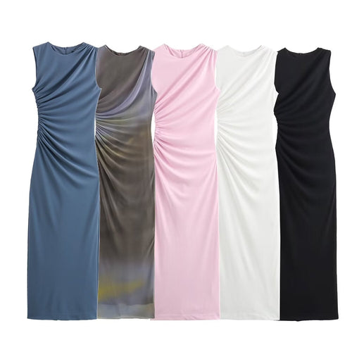 DruneMODE | Einfarbiges Rundhalsausschnitt Ärmelloses Faltendes Slim Fit Kleid