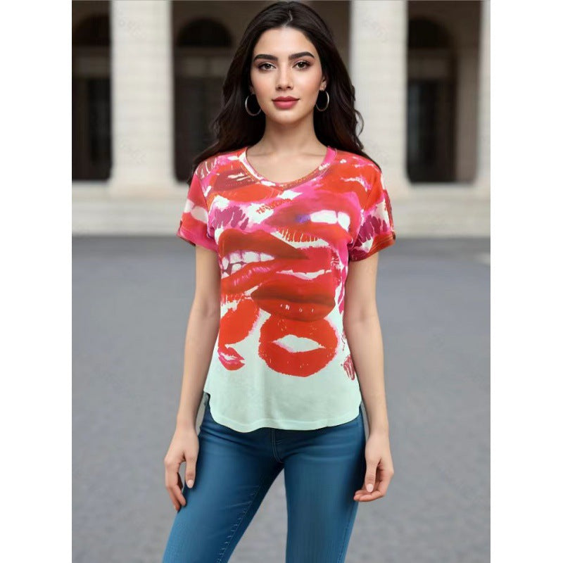 Damen T-Shirt mit kreativem Lippenmotiv und lässigem Schnitt Drune