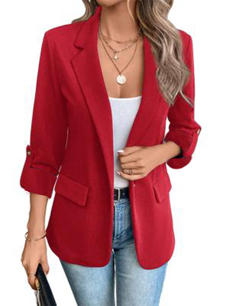 Damen nan taillierter Business-Blazer mit verkürzten Ärmeln umgeschlagenen Manschetten und dekorativen Knöpfen Drune