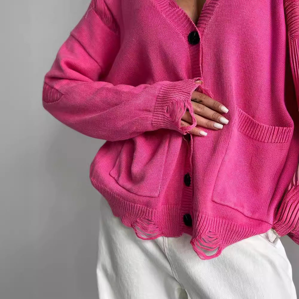 Damen lässiger Oversized-Pullover mit V-Ausschnitt und Taschen Drune