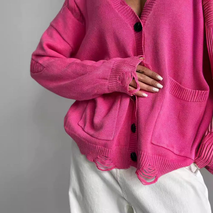 Damen lässiger Oversized-Pullover mit V-Ausschnitt und Taschen Drune