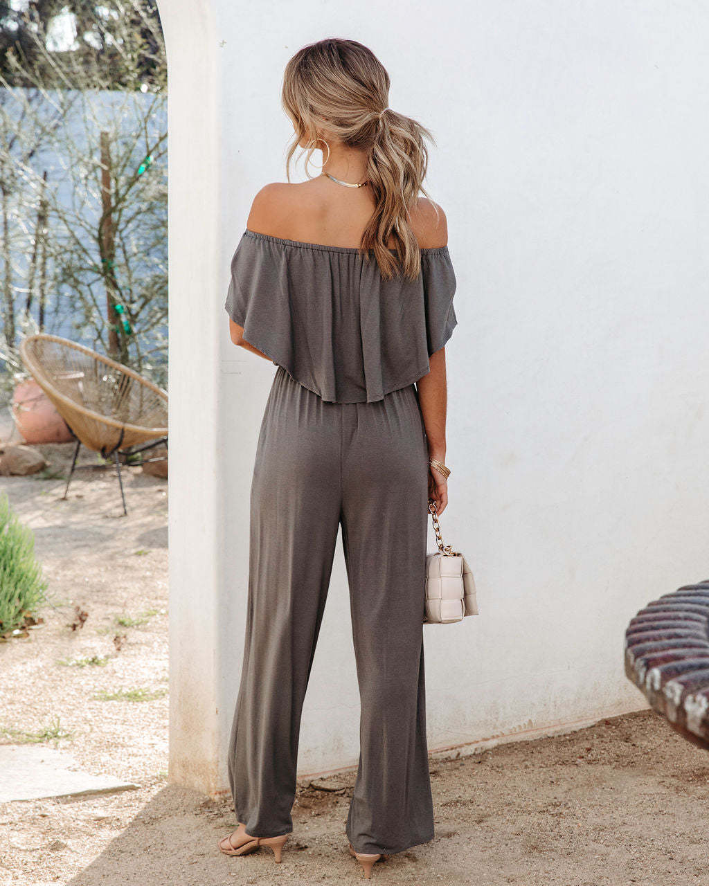 Damen Eleganter Off-Shoulder Jumpsuit mit weitem Bein und fließendem Oberteil Drune