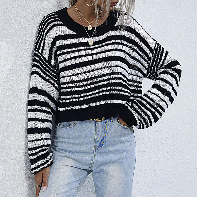 Damen lässiger Strickpullover mit weitem Schnitt und modischem Streifenmuster Drune
