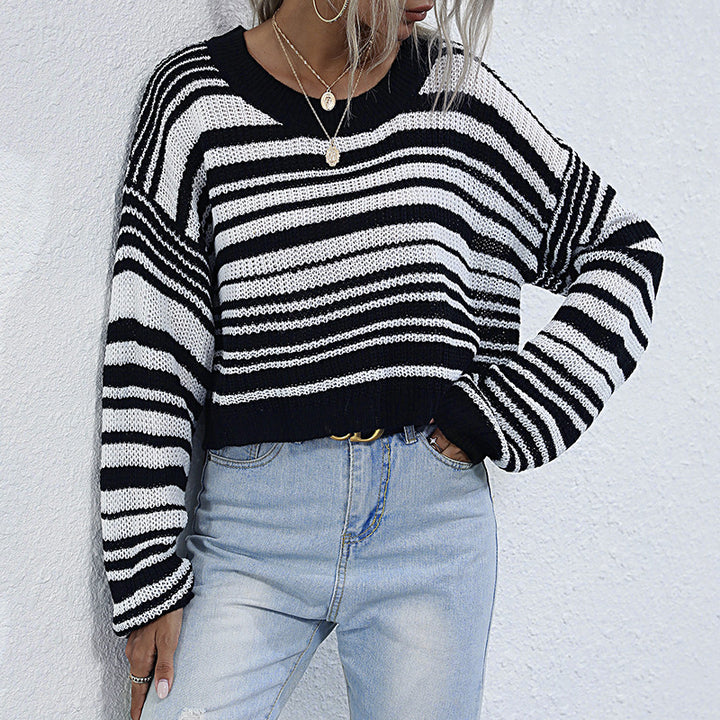 Damen lässiger Strickpullover mit weitem Schnitt und modischem Streifenmuster Drune