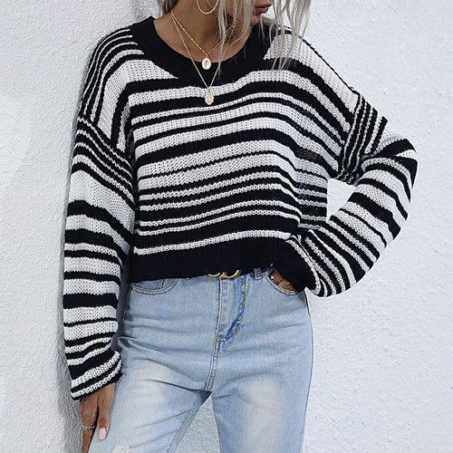Damen lässiger Strickpullover mit weitem Schnitt und modischem Streifenmuster Drune