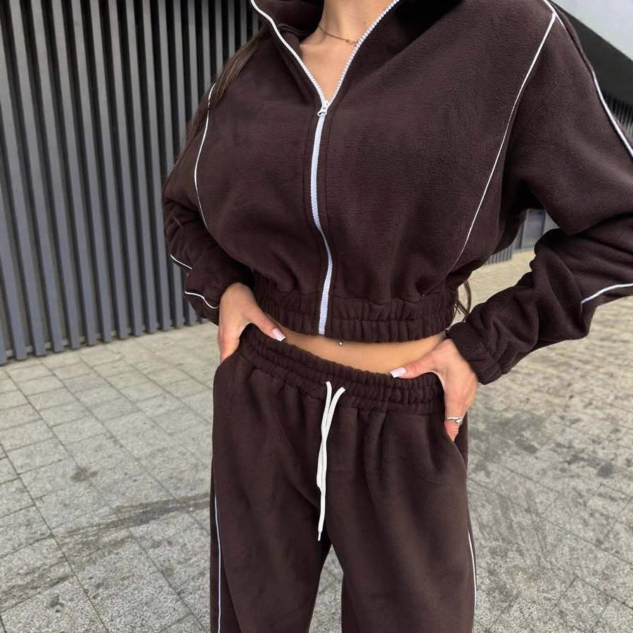 Damen Fleece-Jogginganzug mit hohem Kragen und elastischem Bund Drune