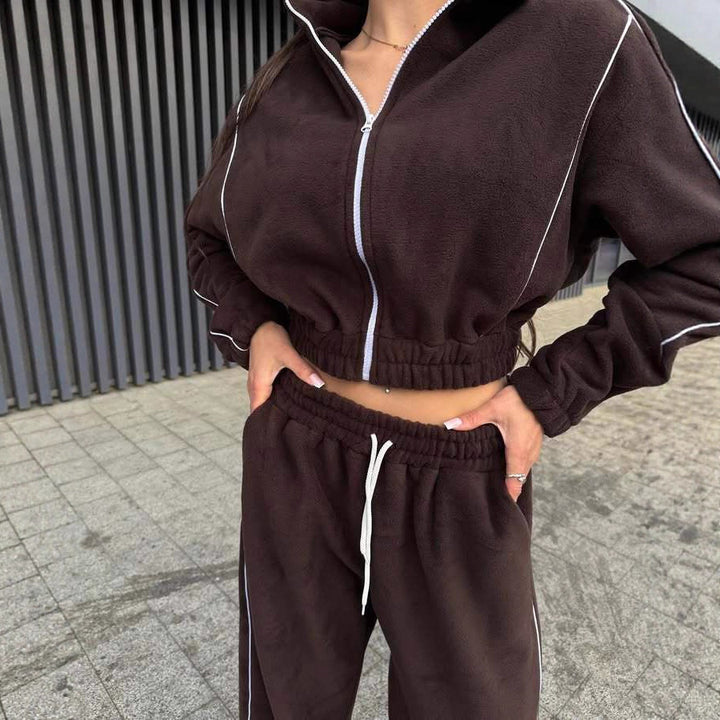 Damen Fleece-Jogginganzug mit hohem Kragen und elastischem Bund Drune